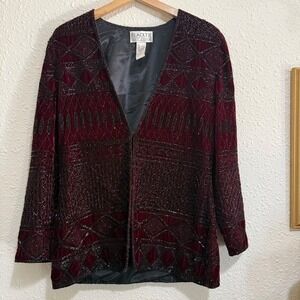 Vtg women's Blacktie Burgundy Beaded Velvet heavy cardigan jacket Oleg Cassini M
